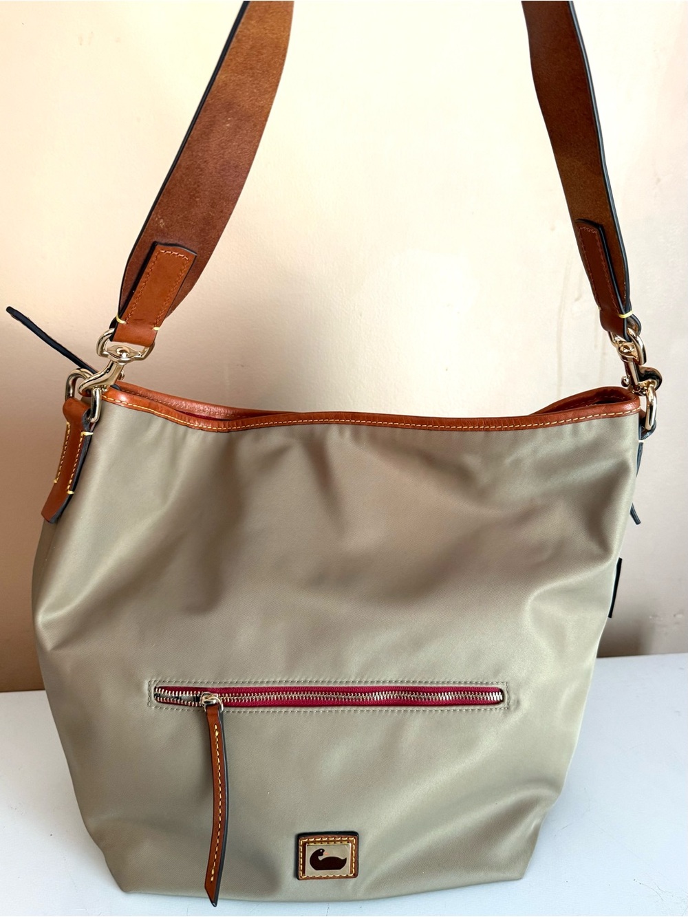 Dooney & Bourke Tan Nylon Hobo Bag with Brown Leather Trim